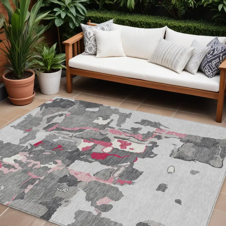8' X 10' Gray Charcoal And Pink Abstract Washable Indoor Outdoor Area Rug