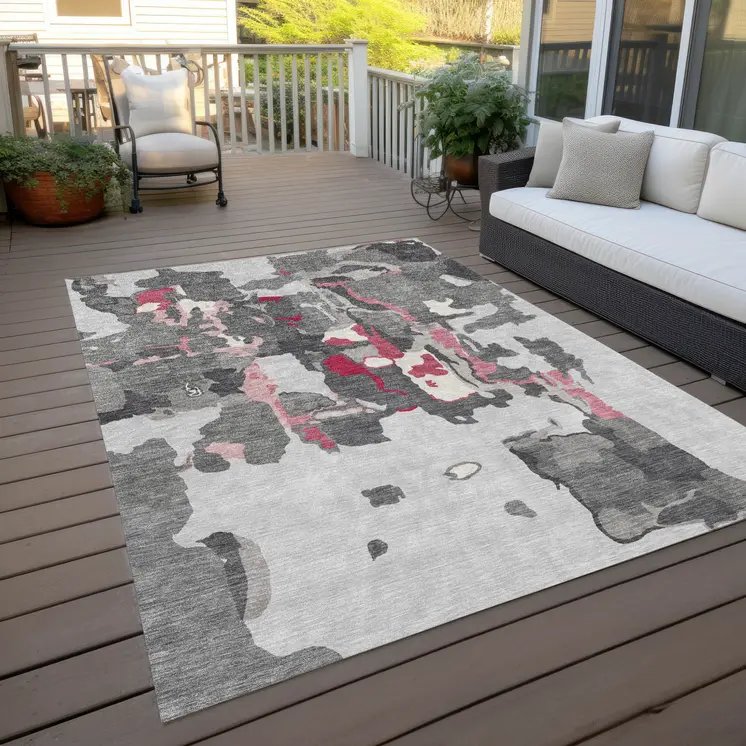 9' X 12' Gray Charcoal And Pink Abstract Washable Indoor Outdoor Area Rug