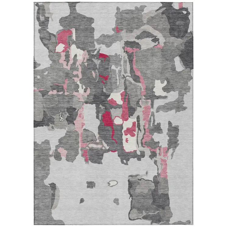 9' X 12' Gray Charcoal And Pink Abstract Washable Indoor Outdoor Area Rug