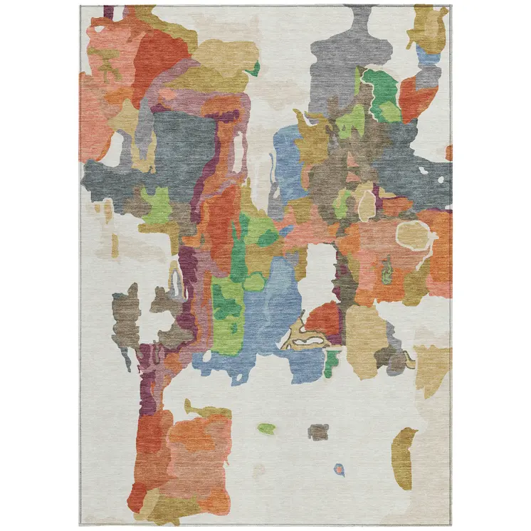 3' X 5' Ivory Pink And Green Abstract Washable Indoor Outdoor Area Rug