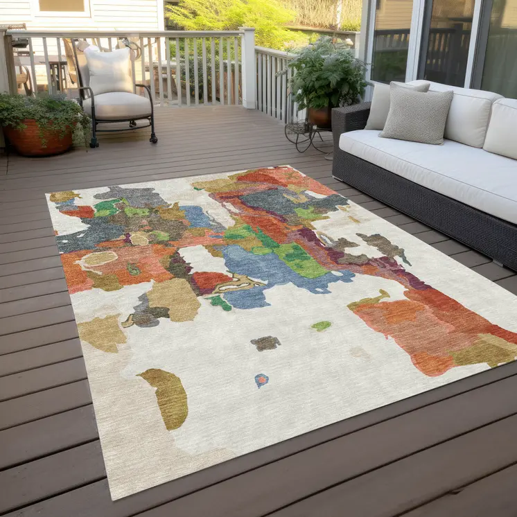 5' X 8' Ivory Pink And Green Abstract Washable Indoor Outdoor Area Rug