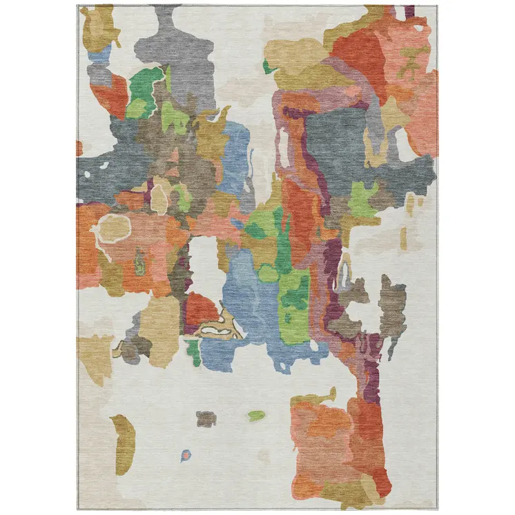5' X 8' Ivory Pink And Green Abstract Washable Indoor Outdoor Area Rug