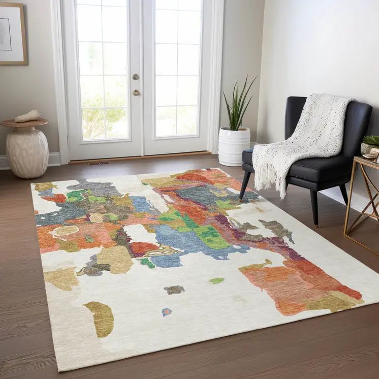 5' X 8' Ivory Pink And Green Abstract Washable Indoor Outdoor Area Rug