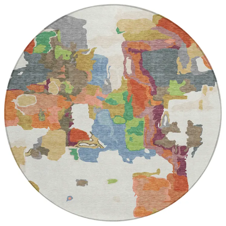 8' Ivory Pink And Green Round Abstract Washable Indoor Outdoor Area Rug