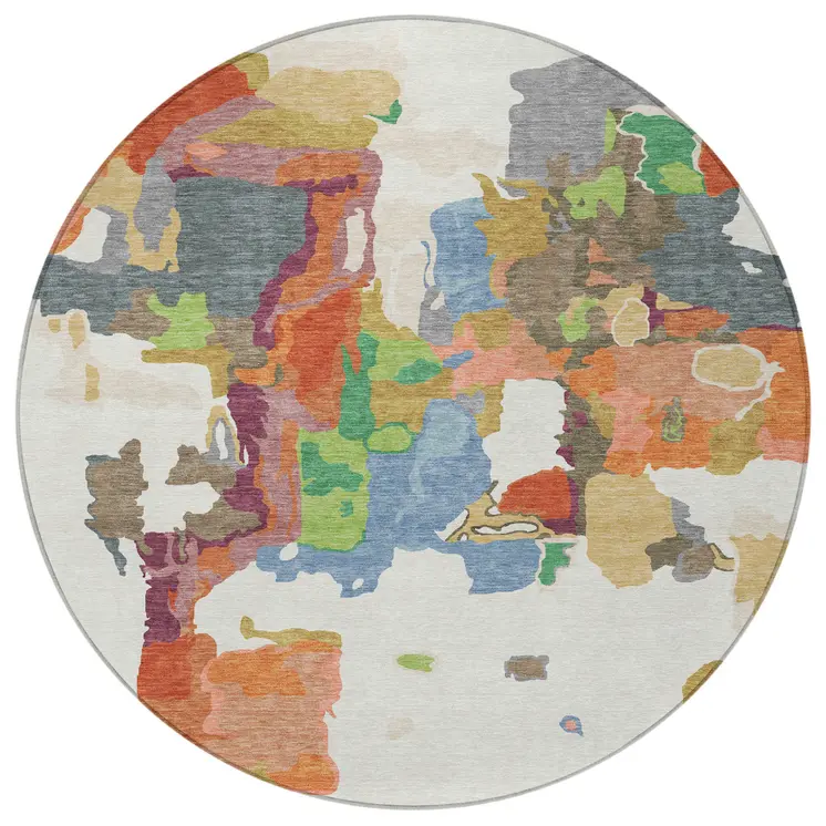 8' Ivory Pink And Green Round Abstract Washable Indoor Outdoor Area Rug