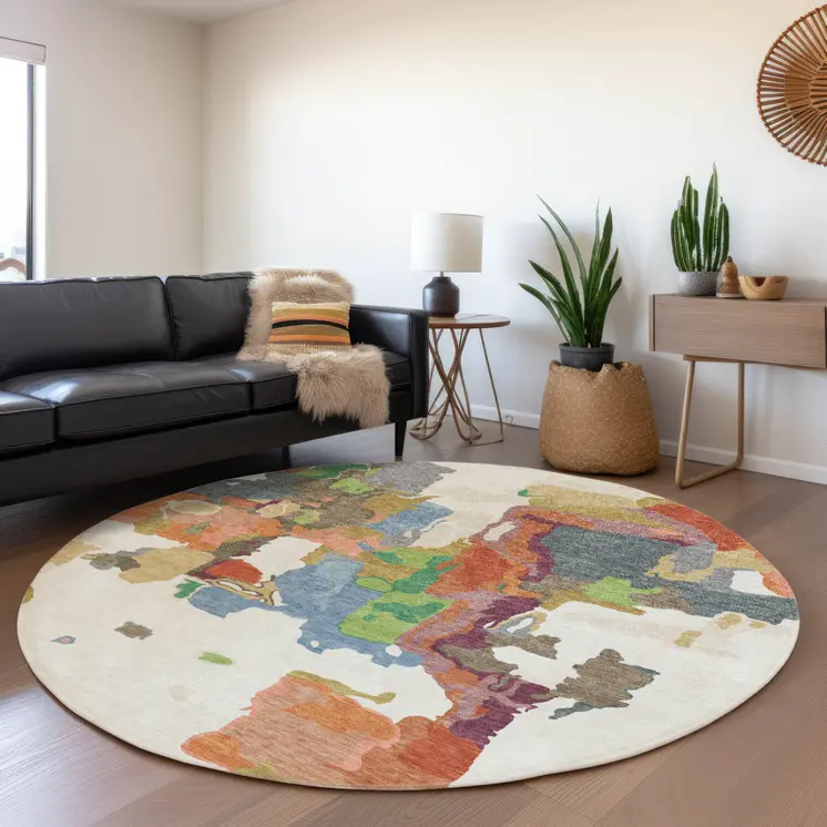 8' Ivory Pink And Green Round Abstract Washable Indoor Outdoor Area Rug