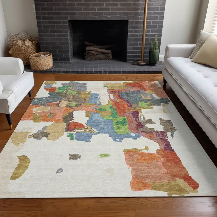 9' X 12' Ivory Pink And Green Abstract Washable Indoor Outdoor Area Rug
