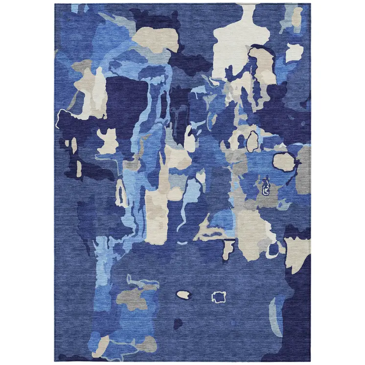 3' X 5' Navy Blue Ivory And Gray Abstract Washable Indoor Outdoor Area Rug