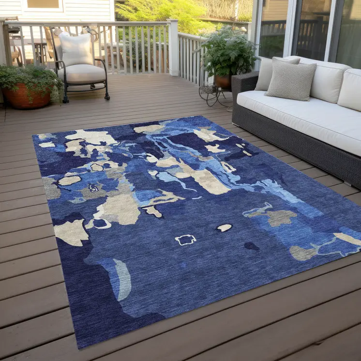 3' X 5' Navy Blue Ivory And Gray Abstract Washable Indoor Outdoor Area Rug