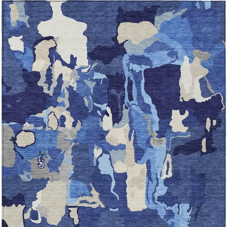 3' X 5' Navy Blue Ivory And Gray Abstract Washable Indoor Outdoor Area Rug