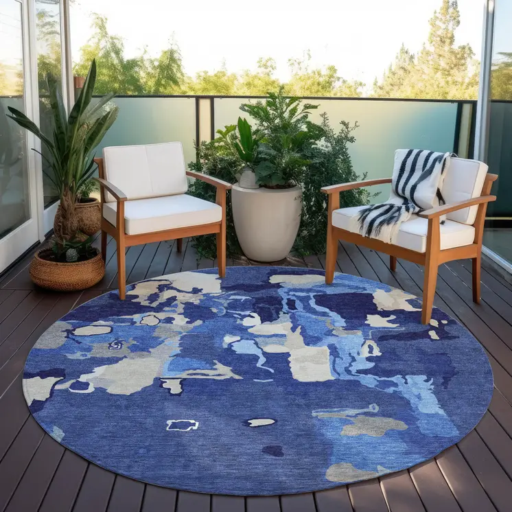 8' Navy Blue Ivory And Gray Round Abstract Washable Indoor Outdoor Area Rug