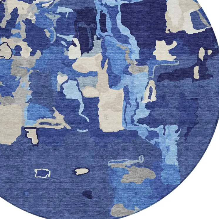 8' Navy Blue Ivory And Gray Round Abstract Washable Indoor Outdoor Area Rug