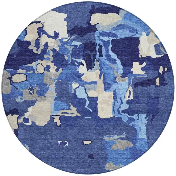 8' Navy Blue Ivory And Gray Round Abstract Washable Indoor Outdoor Area Rug