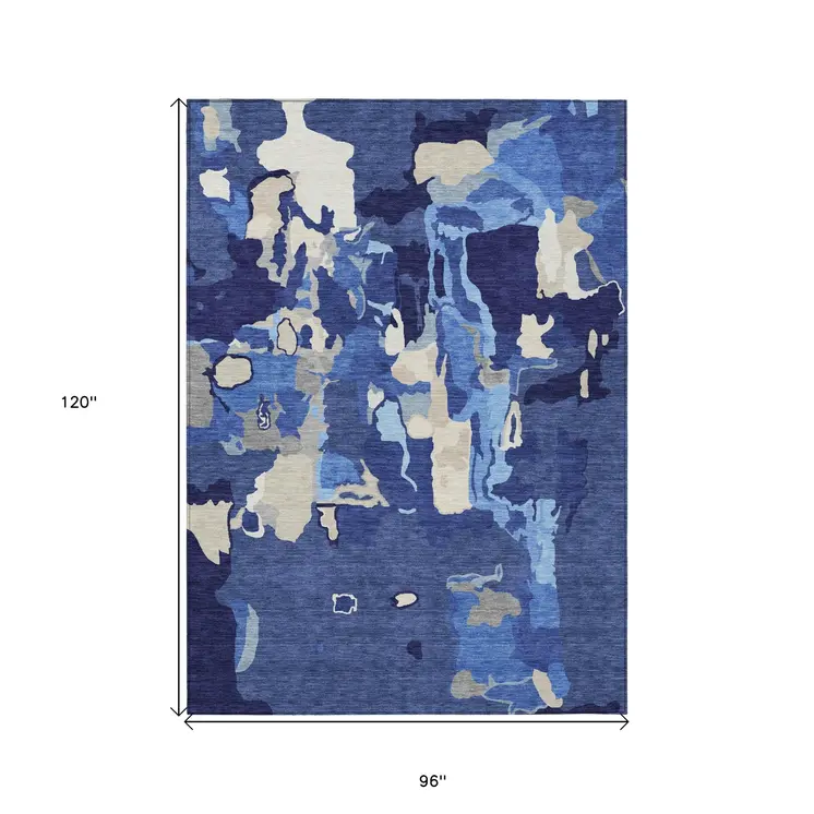 8' X 10' Navy Blue Ivory And Gray Abstract Washable Indoor Outdoor Area Rug