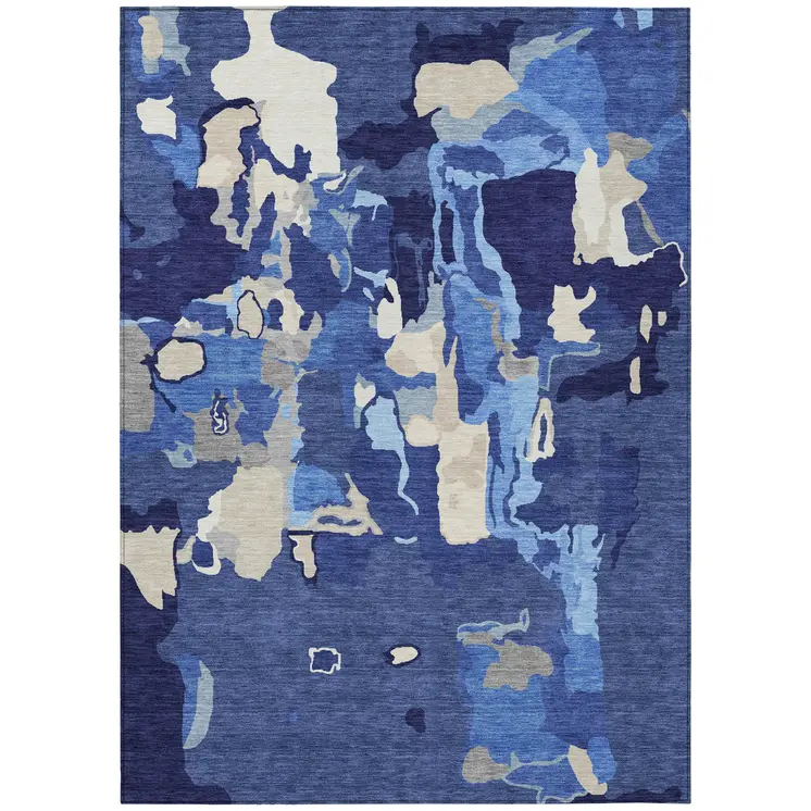 8' X 10' Navy Blue Ivory And Gray Abstract Washable Indoor Outdoor Area Rug