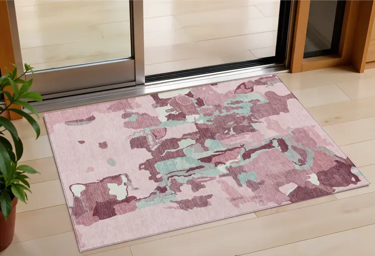 3' X 5' Pink And Gray Abstract Washable Indoor Outdoor Area Rug