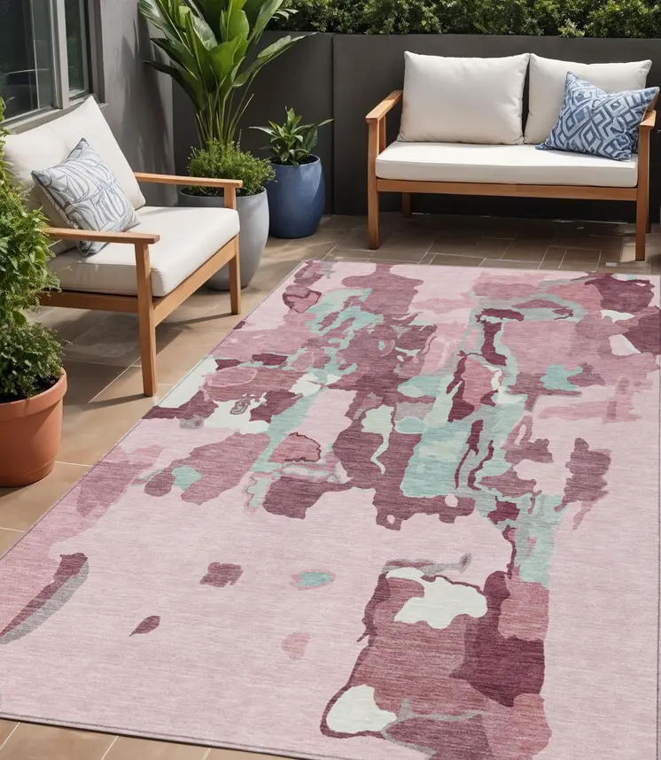 5' X 8' Pink And Gray Abstract Washable Indoor Outdoor Area Rug