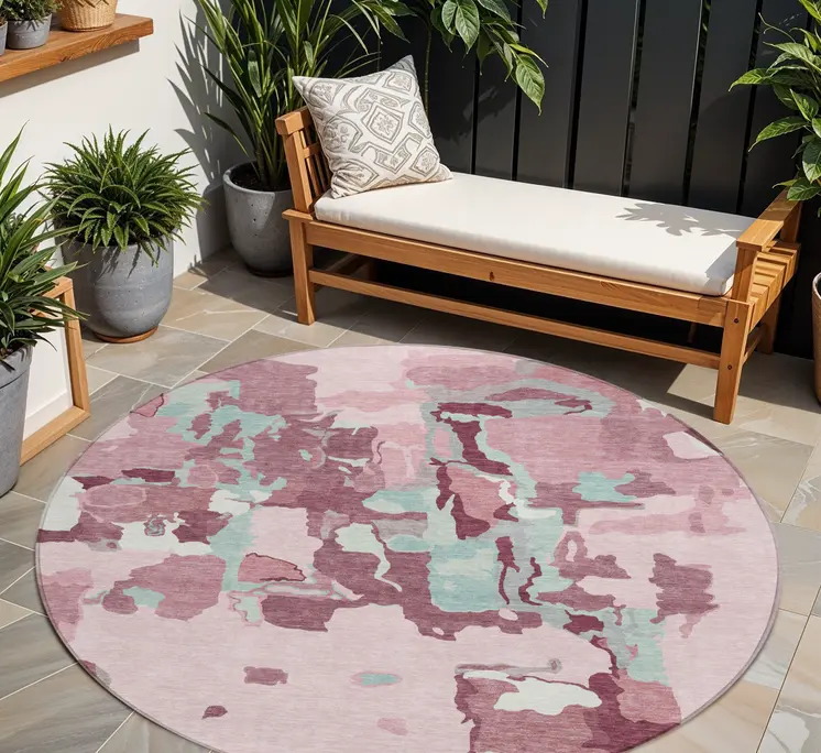 8' Pink And Gray Round Abstract Washable Indoor Outdoor Area Rug