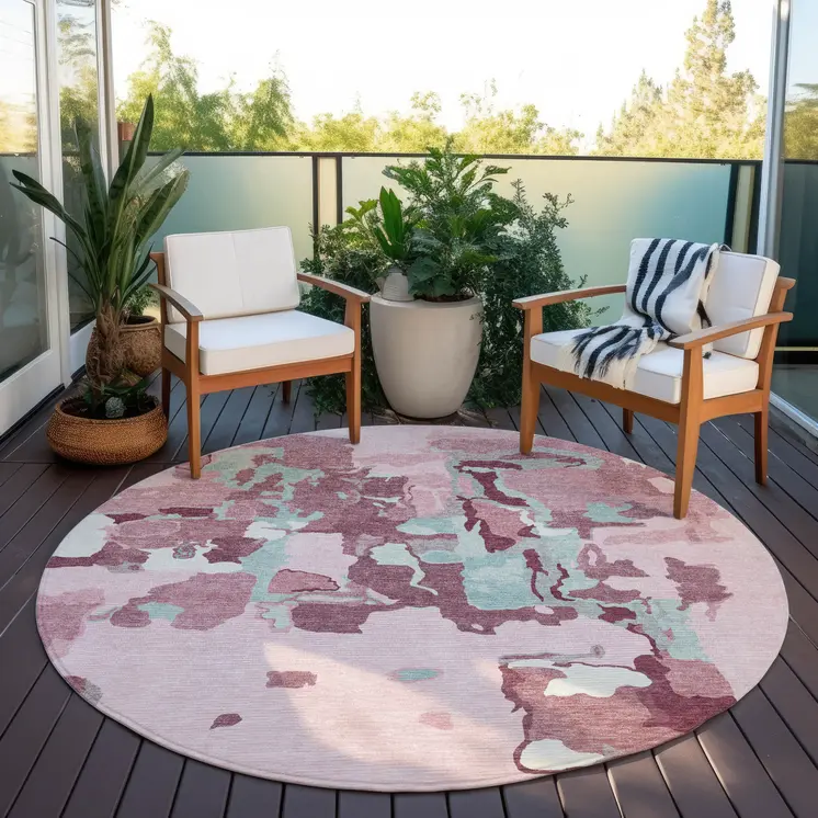 8' Pink And Gray Round Abstract Washable Indoor Outdoor Area Rug