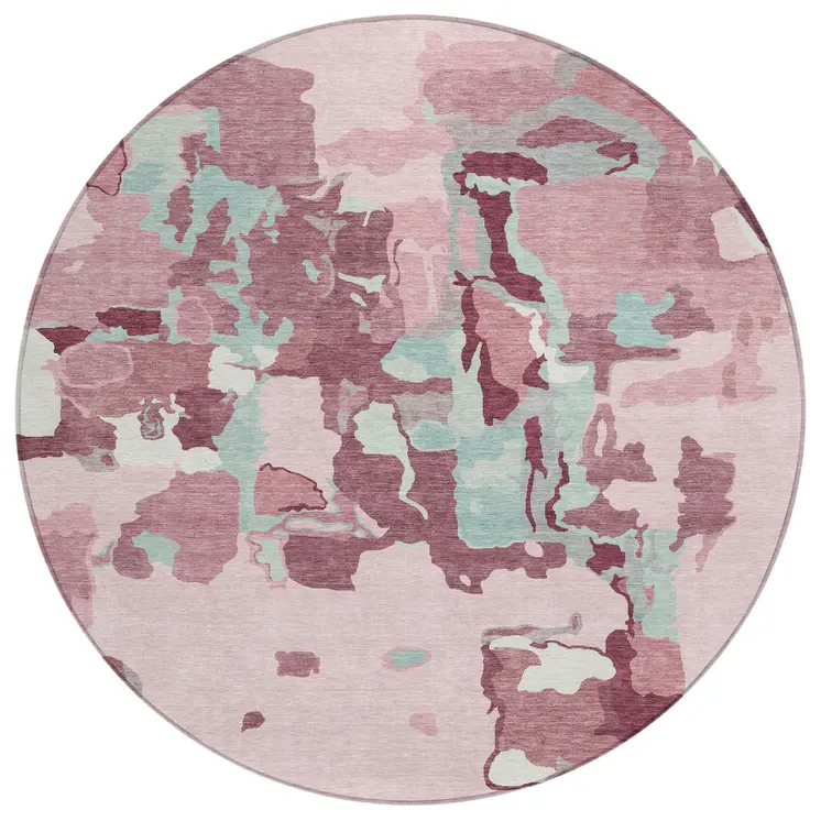 8' Pink And Gray Round Abstract Washable Indoor Outdoor Area Rug