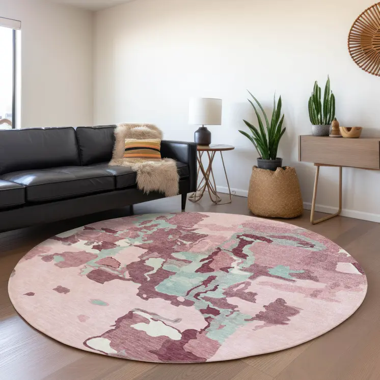 8' Pink And Gray Round Abstract Washable Indoor Outdoor Area Rug