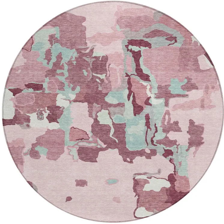8' Pink And Gray Round Abstract Washable Indoor Outdoor Area Rug