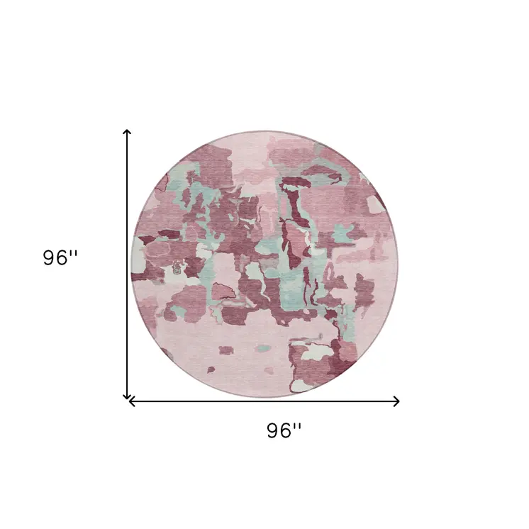 8' Pink And Gray Round Abstract Washable Indoor Outdoor Area Rug