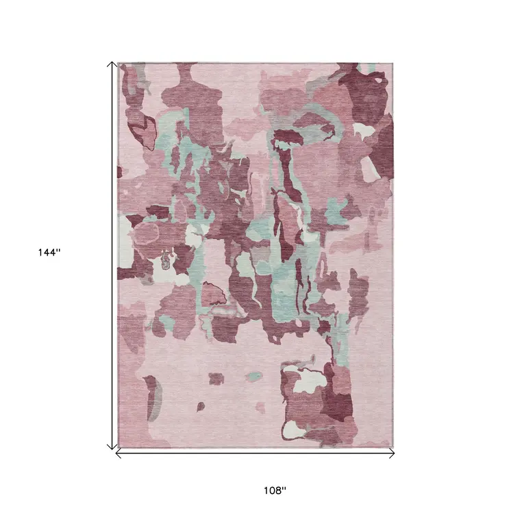 9' X 12' Pink And Gray Abstract Washable Indoor Outdoor Area Rug