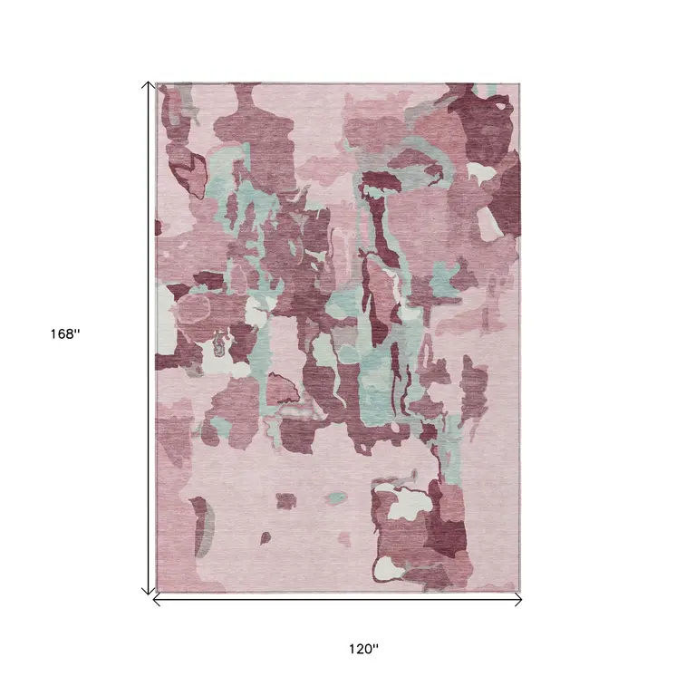 10' X 14' Pink And Gray Abstract Washable Indoor Outdoor Area Rug