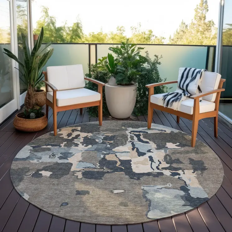 8' Taupe Gray And Beige Round Abstract Washable Indoor Outdoor Area Rug