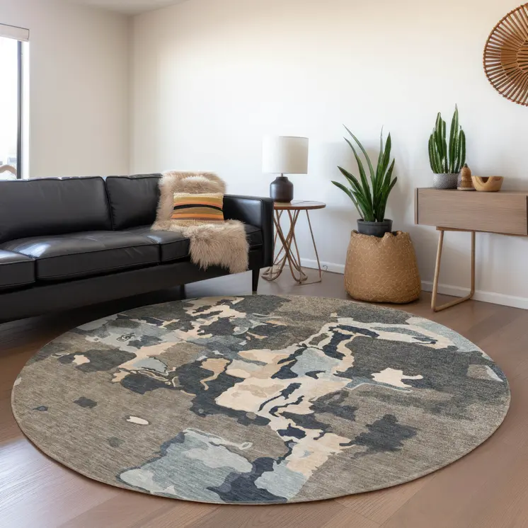 8' Taupe Gray And Beige Round Abstract Washable Indoor Outdoor Area Rug