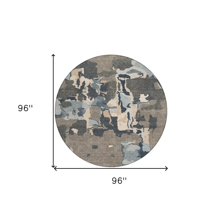 8' Taupe Gray And Beige Round Abstract Washable Indoor Outdoor Area Rug