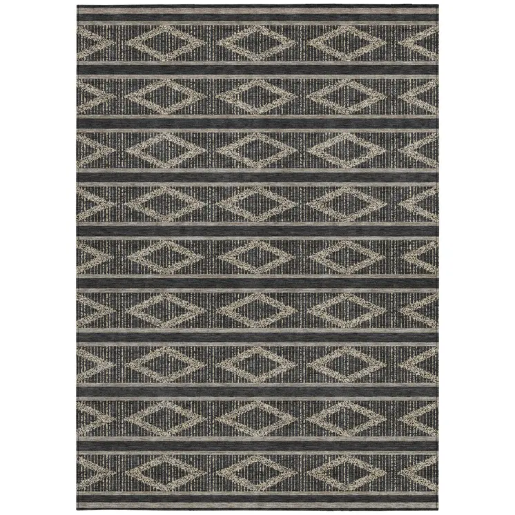 5' X 8' Black And Beige Geometric Washable Indoor Outdoor Area Rug