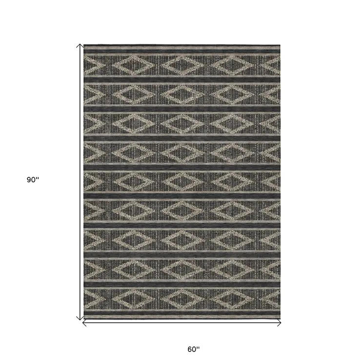 5' X 8' Black And Beige Geometric Washable Indoor Outdoor Area Rug