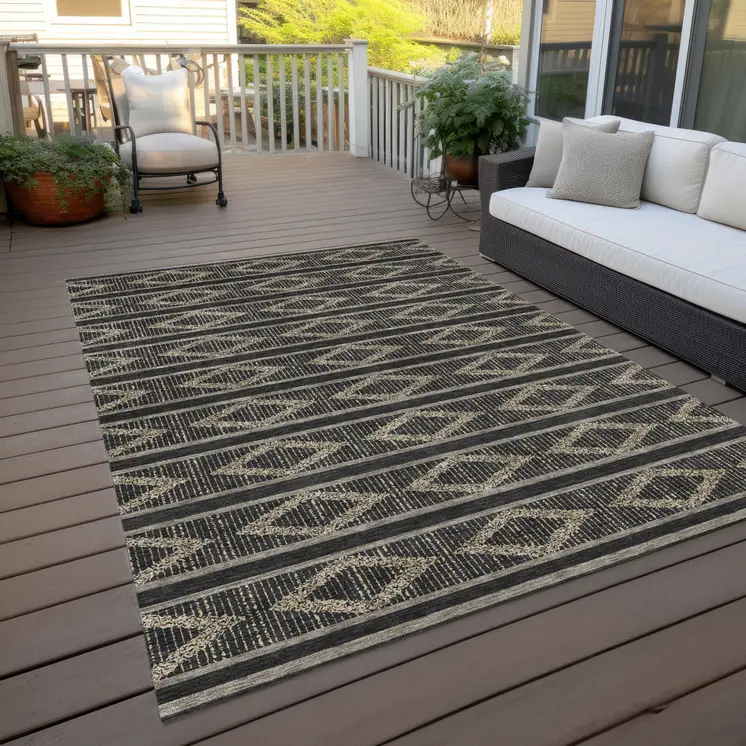 5' X 8' Black And Beige Geometric Washable Indoor Outdoor Area Rug