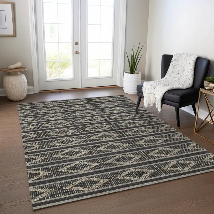 5' X 8' Black And Beige Geometric Washable Indoor Outdoor Area Rug