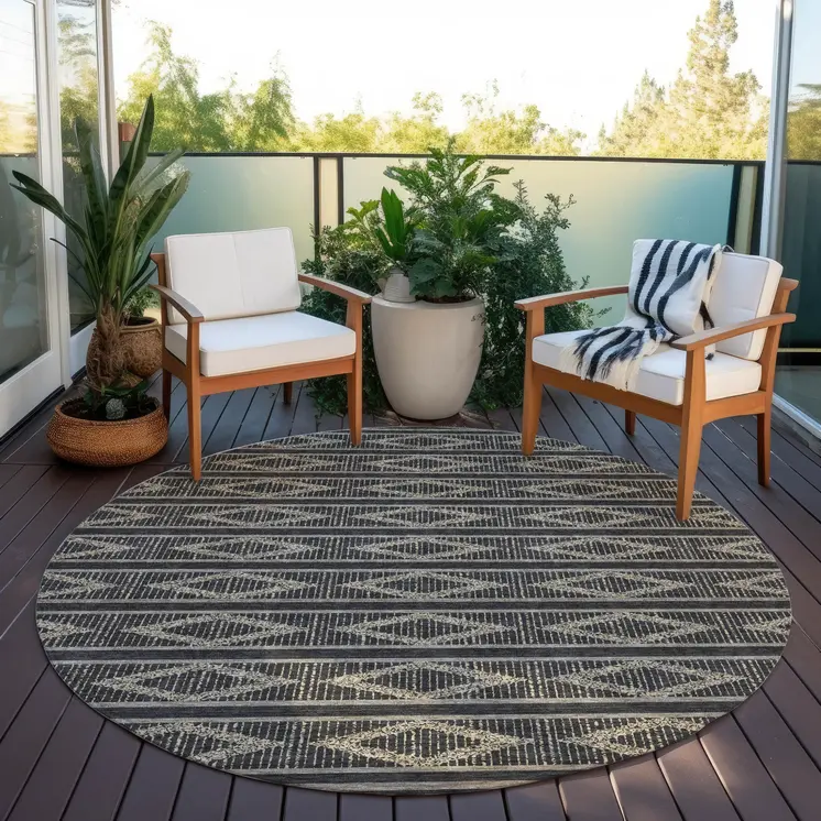 8' Black And Beige Round Geometric Washable Indoor Outdoor Area Rug