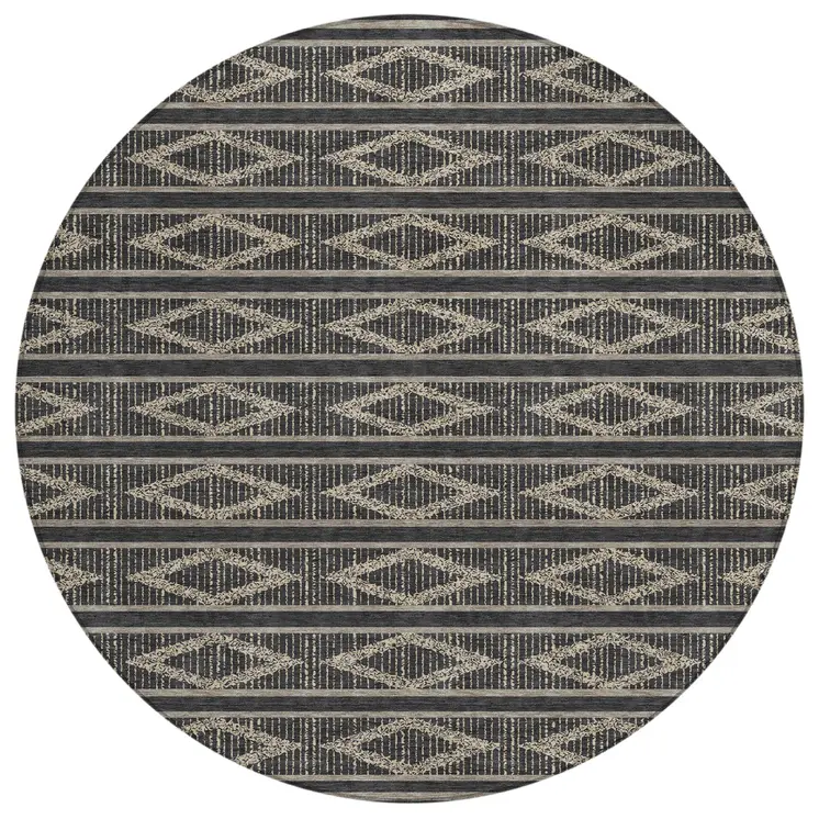 8' Black And Beige Round Geometric Washable Indoor Outdoor Area Rug