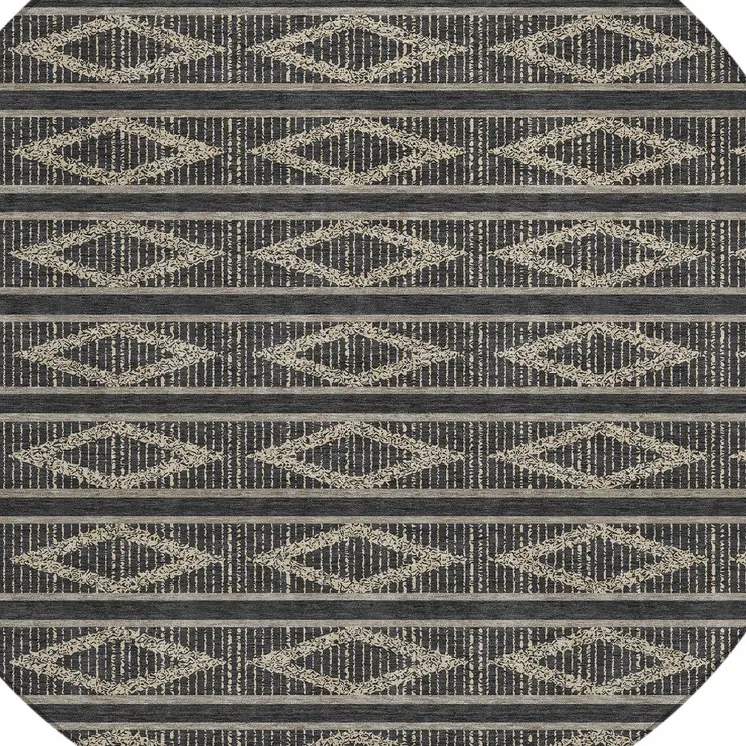 8' Black And Beige Round Geometric Washable Indoor Outdoor Area Rug