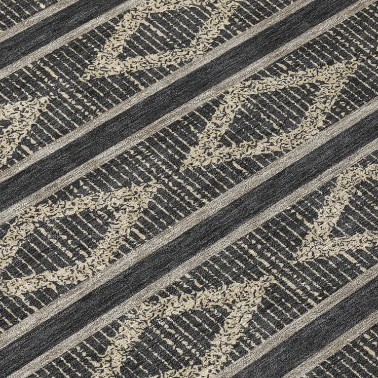 8' Black And Beige Round Geometric Washable Indoor Outdoor Area Rug