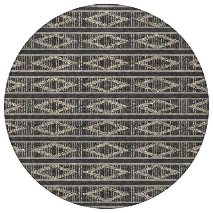 8' Black And Beige Round Geometric Washable Indoor Outdoor Area Rug