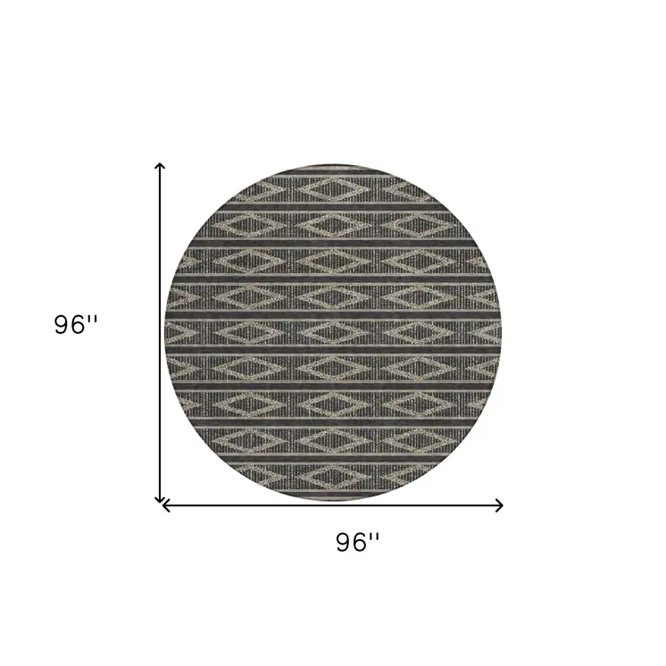 8' Black And Beige Round Geometric Washable Indoor Outdoor Area Rug