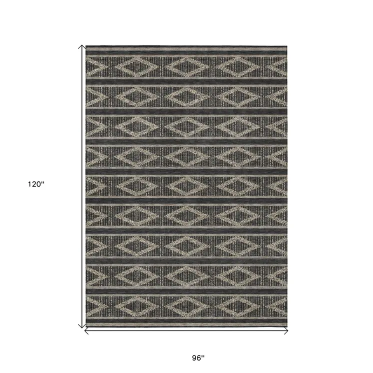8' X 10' Black And Beige Geometric Washable Indoor Outdoor Area Rug
