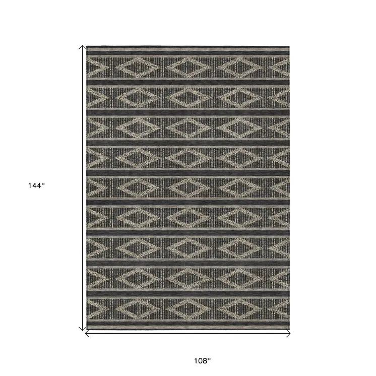 9' X 12' Black And Beige Geometric Washable Indoor Outdoor Area Rug