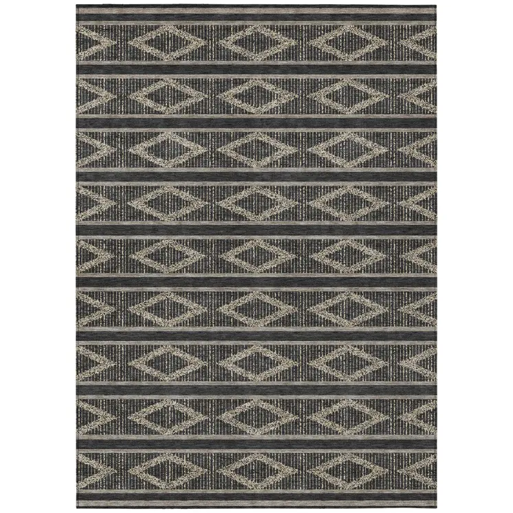 9' X 12' Black And Beige Geometric Washable Indoor Outdoor Area Rug