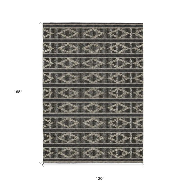 10' X 14' Black And Beige Geometric Washable Indoor Outdoor Area Rug