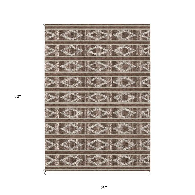 3' X 5' Brown And Beige Geometric Washable Indoor Outdoor Area Rug