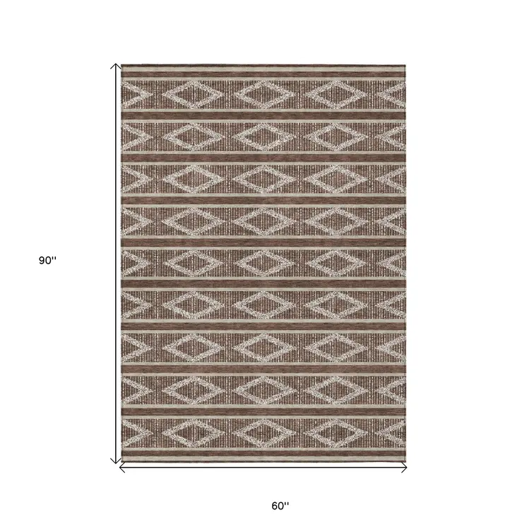 5' X 8' Brown And Beige Geometric Washable Indoor Outdoor Area Rug