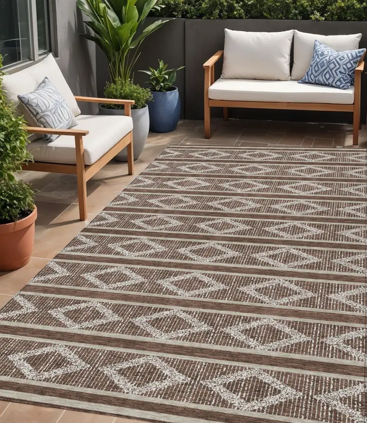 5' X 8' Brown And Beige Geometric Washable Indoor Outdoor Area Rug
