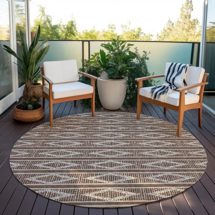 8' Brown And Beige Round Geometric Washable Indoor Outdoor Area Rug